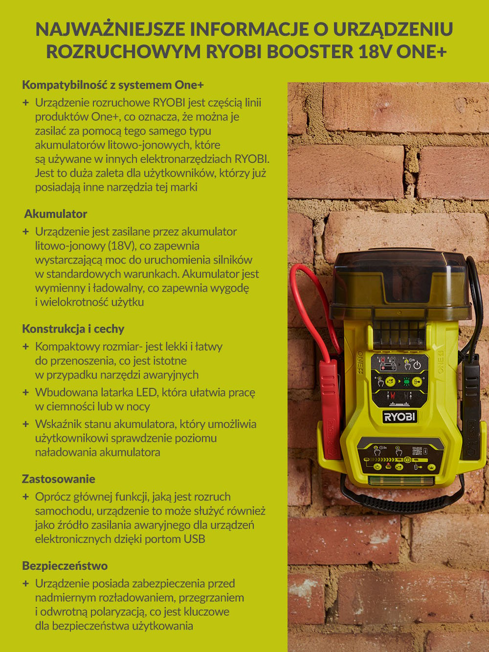 Najważniejsze informacje o urządzeniu rozruchowym RYOBI Booster 18V ONE+